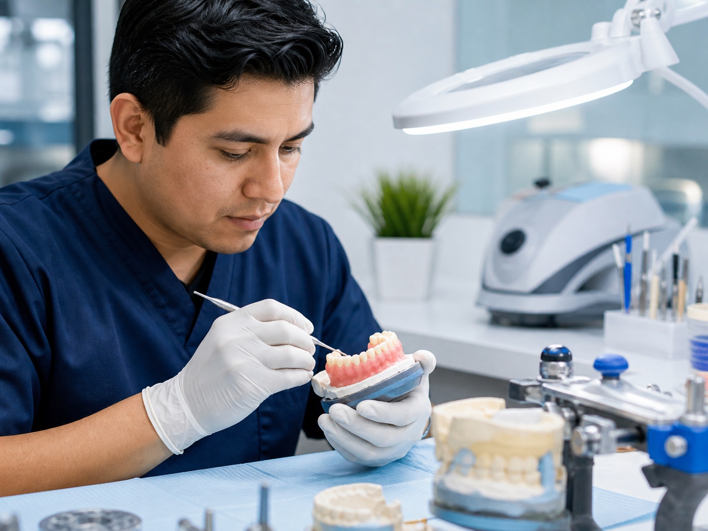 Técnico dental trabajando una prótesis en laboratorio